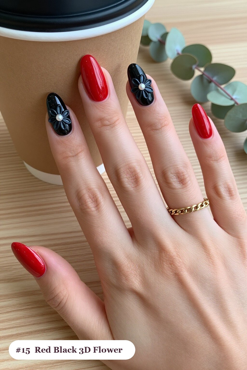 Long ballerina red black nails with raised 3D flowers with pearl centres on two accent nails, with silver details - red and black nails