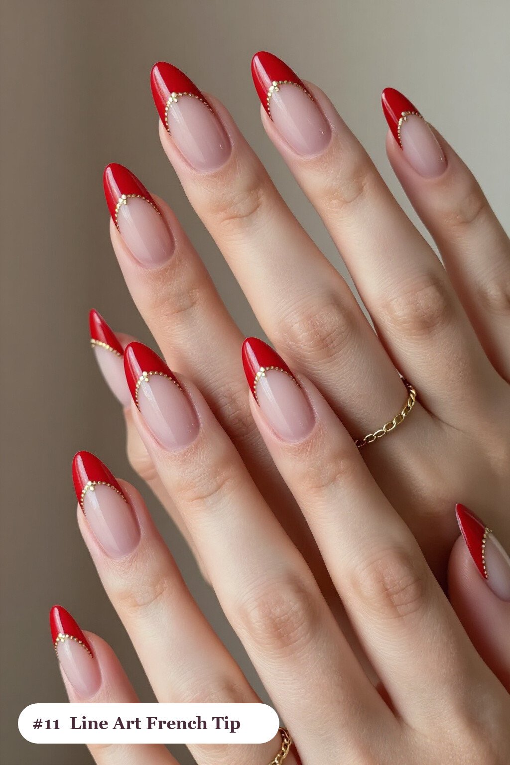 Long ballerina red french nails with crisp french tips clearly visible on every nail, styled with fine gold line art and tiny dots drawn across every nail, with soft nude details - red french nails Long ballerina red french nails with crisp french tips clearly visible on every nail, styled with fine gold line art and tiny dots drawn across every nail, with soft nude details - red french nails