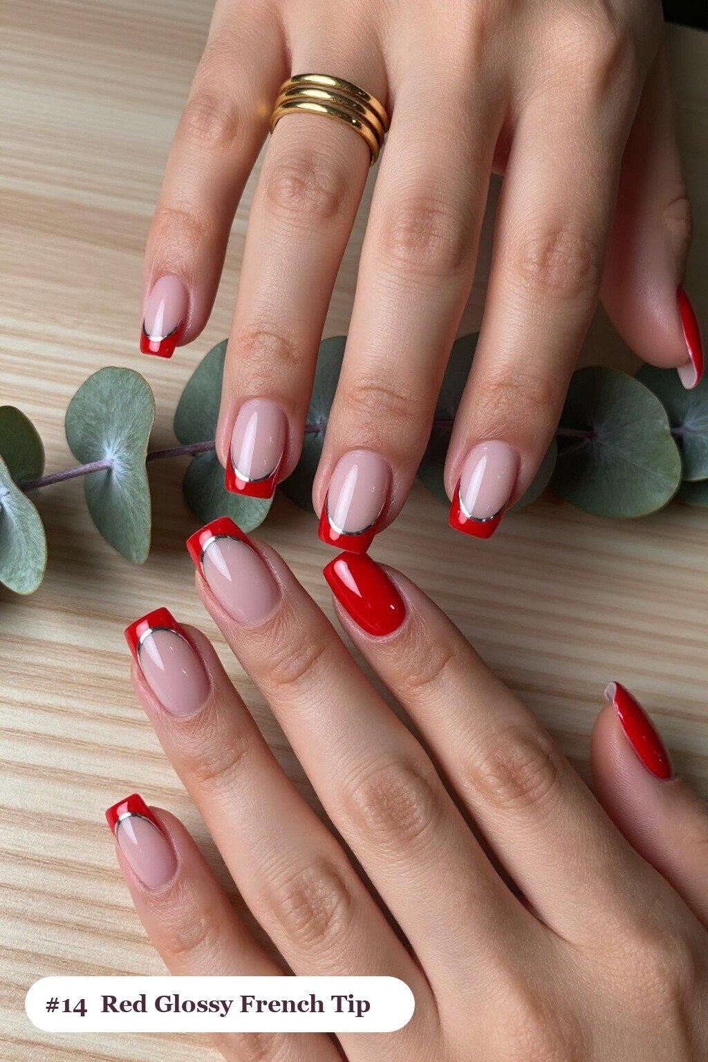Medium square red french nails with crisp french tips clearly visible on every nail, styled with a flawless mirror-glossy full-colour finish, with silver chrome details - red french nails Medium square red french nails with crisp french tips clearly visible on every nail, styled with a flawless mirror-glossy full-colour finish, with silver chrome details - red french nails