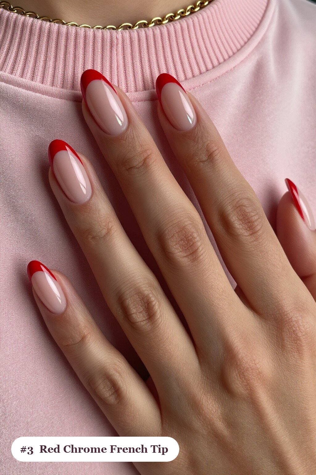 Medium oval red french nails with crisp french tips clearly visible on every nail, styled with a liquid chrome mirror finish and bright metallic highlights, with soft nude details - red french nails Medium oval red french nails with crisp french tips clearly visible on every nail, styled with a liquid chrome mirror finish and bright metallic highlights, with soft nude details - red french nails