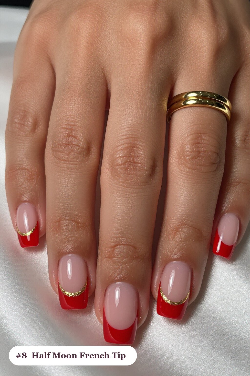 Short square red french nails with crisp french tips clearly visible on every nail, styled with a half-moon design with a glitter crescent at the cuticle, with gold details - red french nails Short square red french nails with crisp french tips clearly visible on every nail, styled with a half-moon design with a glitter crescent at the cuticle, with gold details - red french nails