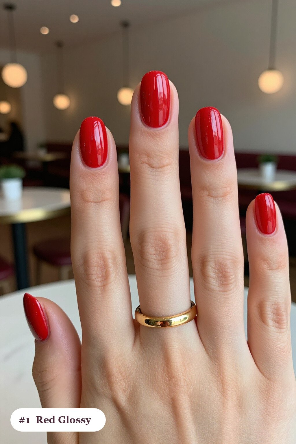 Medium oval red nails in a flawless mirror-glossy full-colour finish - red nails