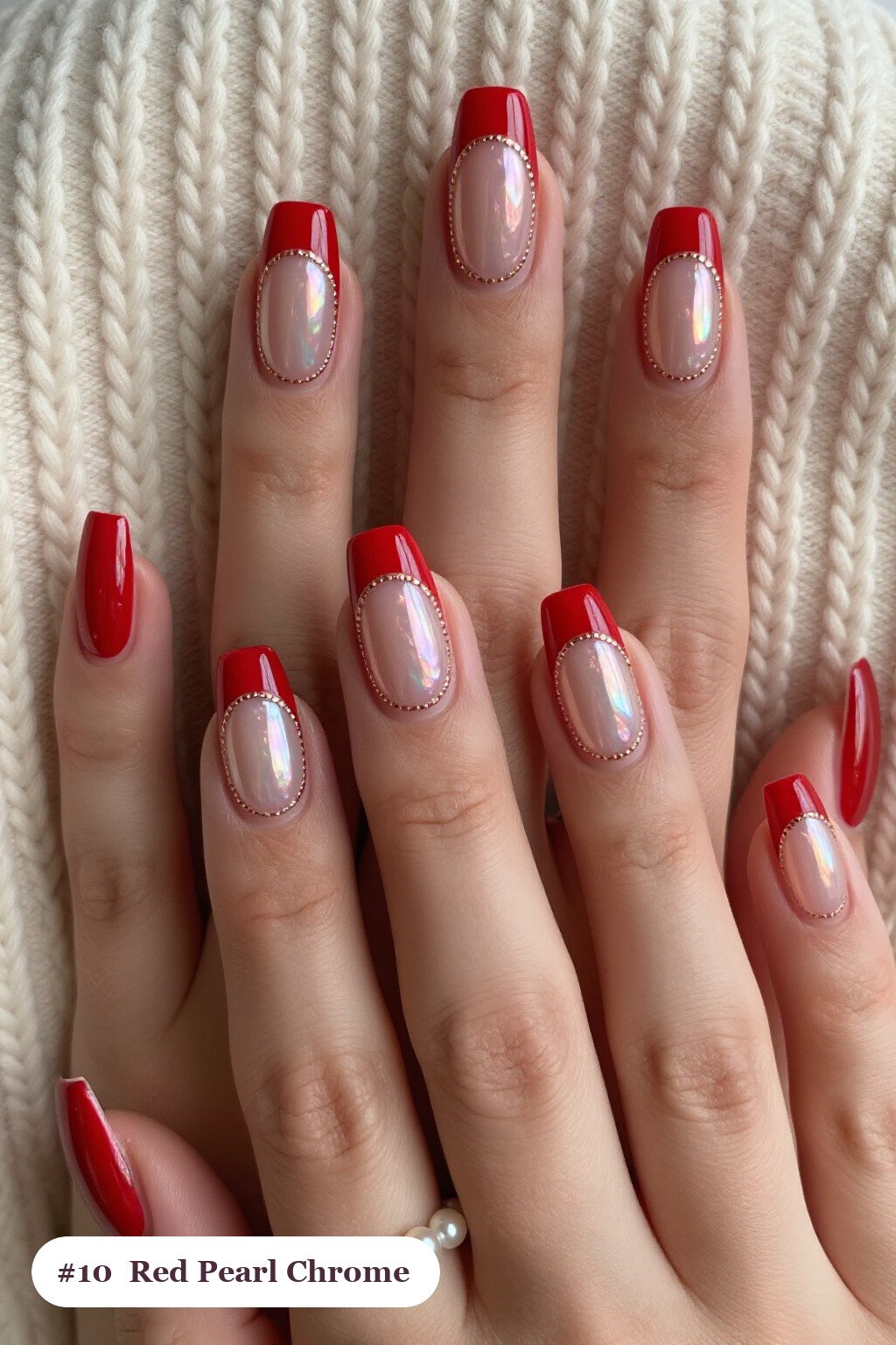 Long square red nails with glazed pearl chrome over the colour for an iridescent sheen, with rose gold details - red nails