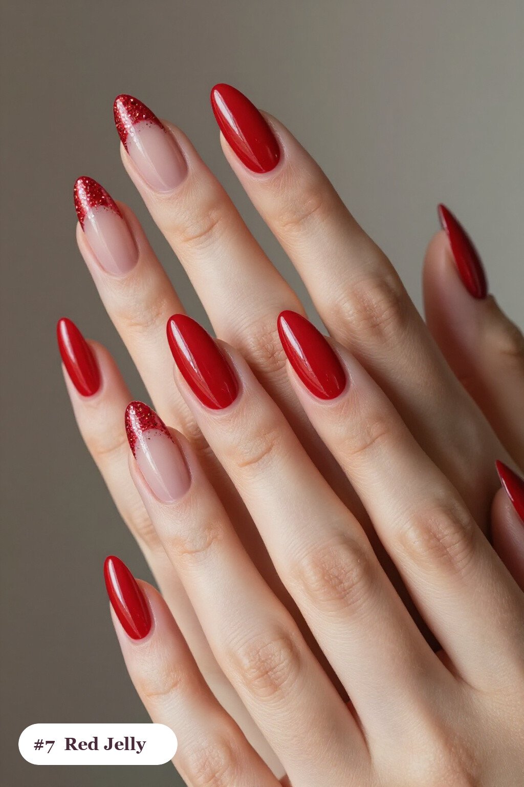 Long ballerina red nails in a see-through jelly finish with encapsulated glitter, with soft nude details - red nails