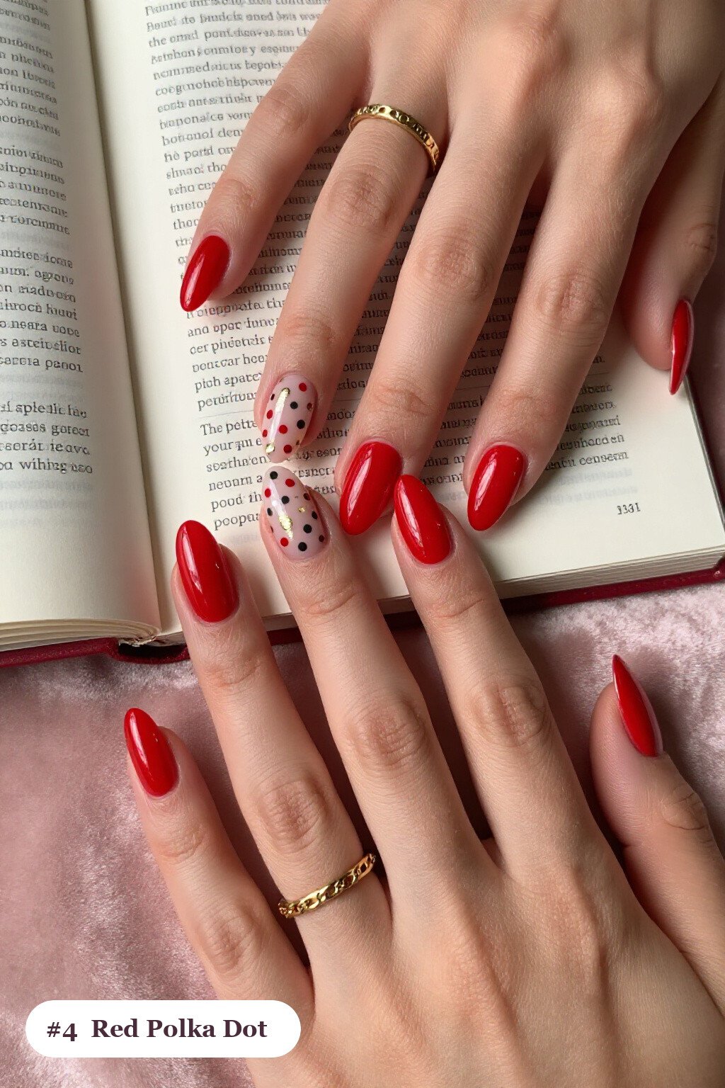 Medium almond red nails with playful polka dots in two colours on alternating nails, with champagne details - red nails almond