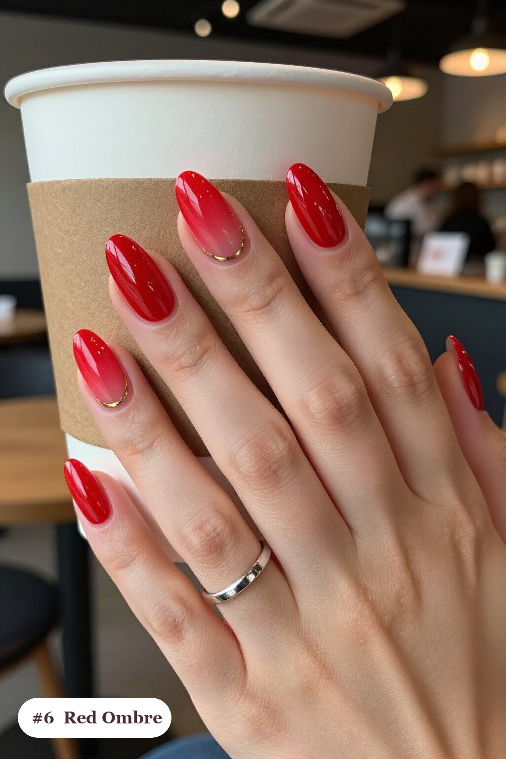 Medium almond red nails with a vivid two-colour ombre melting from the cuticle to the tips, with gold details - red nails almond