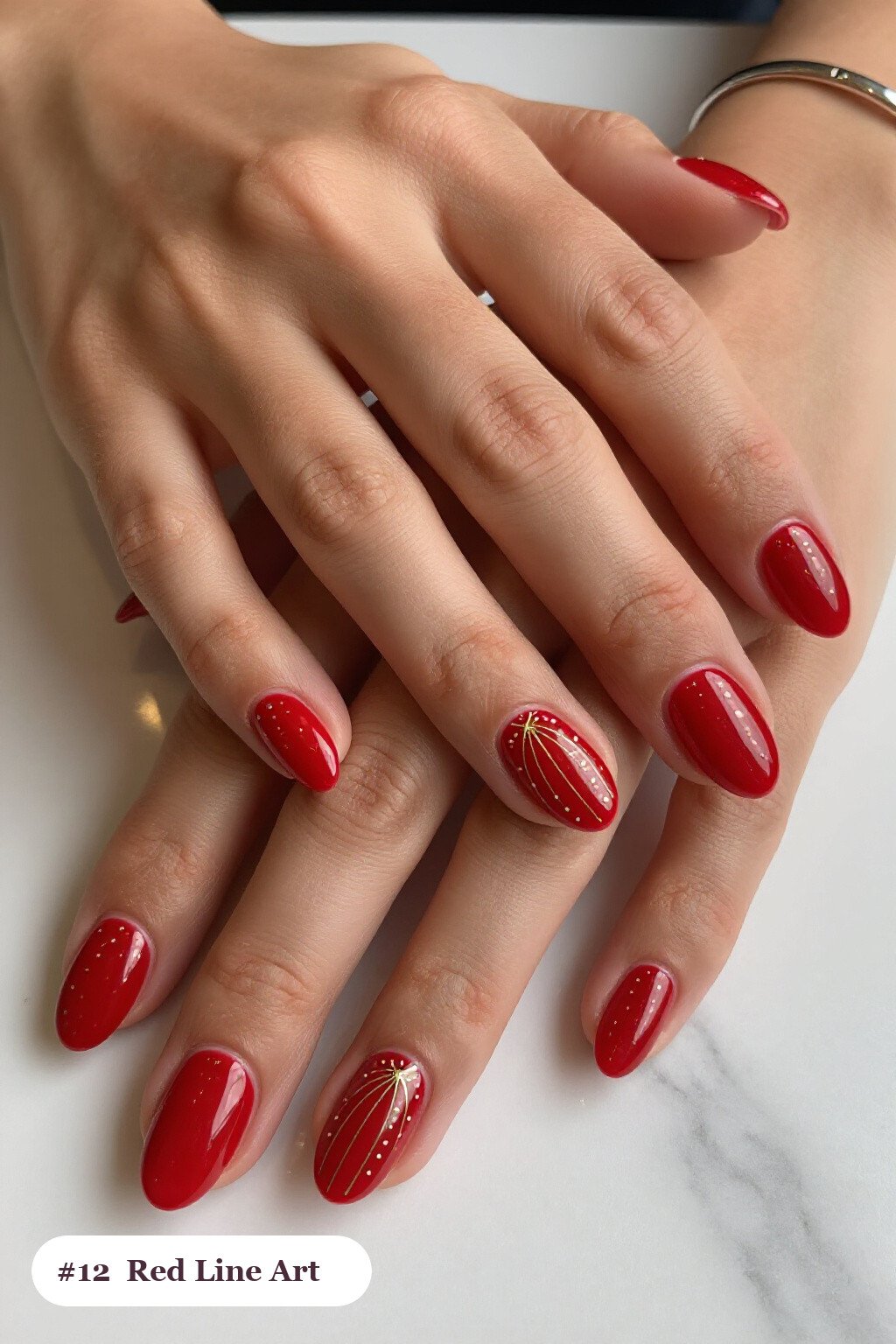 Fine Gold Line Art Medium Oval Red Nails with Rose Gold Dots - red nails christmas Fine Gold Line Art Medium Oval Red Nails with Rose Gold Dots - red nails christmas