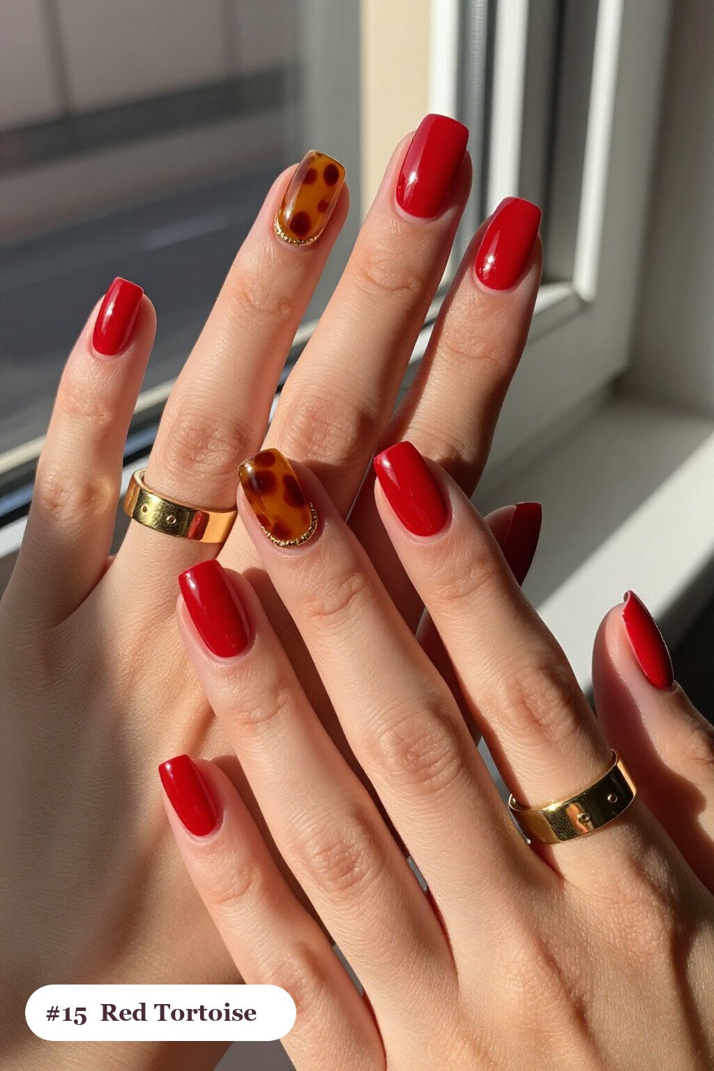 Glossy Amber Tortoiseshell Short Square Red Nails: On Short Nails - red nails christmas Glossy Amber Tortoiseshell Short Square Red Nails: On Short Nails - red nails christmas
