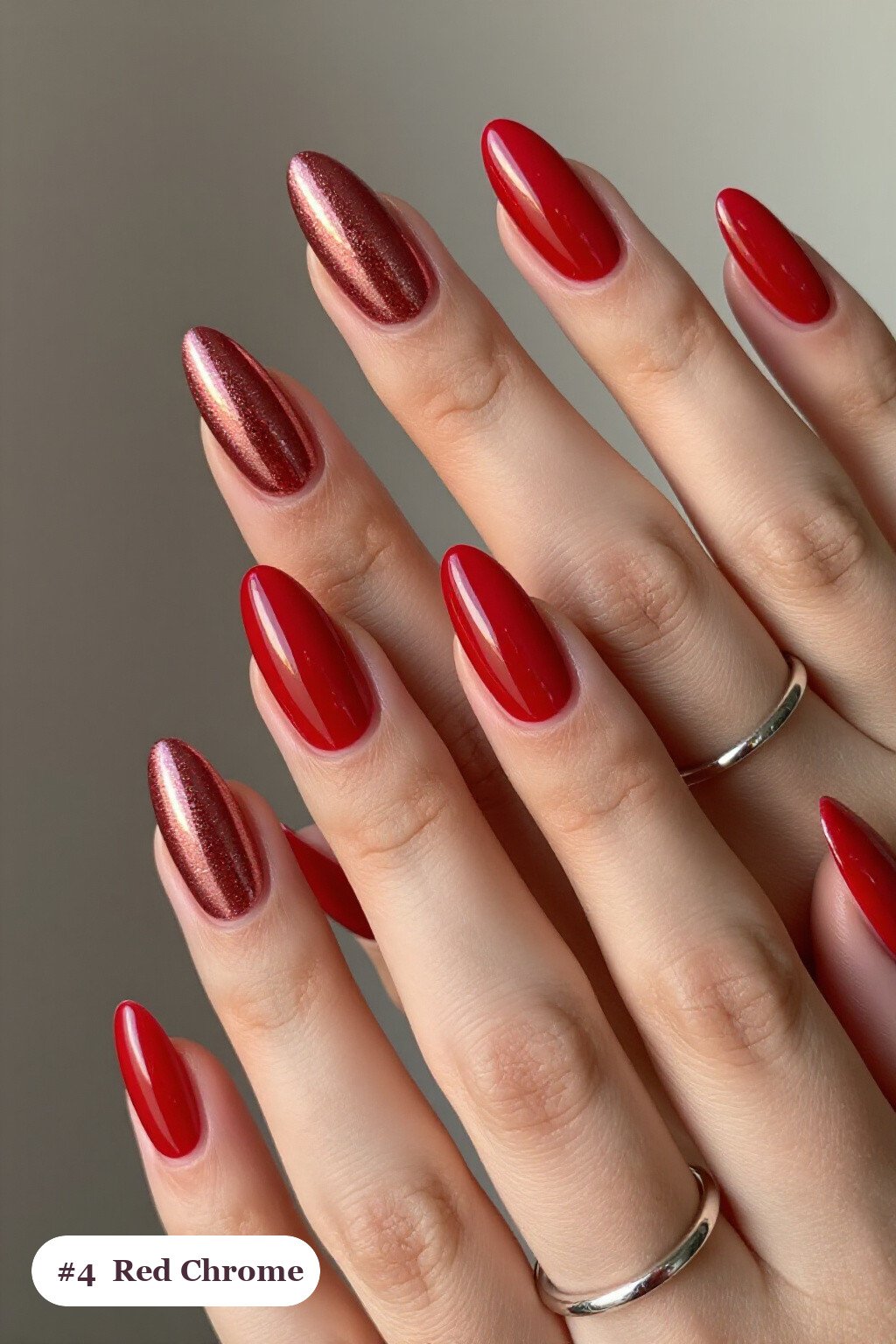 Liquid Chrome Mirror Long Almond Red Nails with Rose Gold Highlights - red nails christmas Liquid Chrome Mirror Long Almond Red Nails with Rose Gold Highlights - red nails christmas