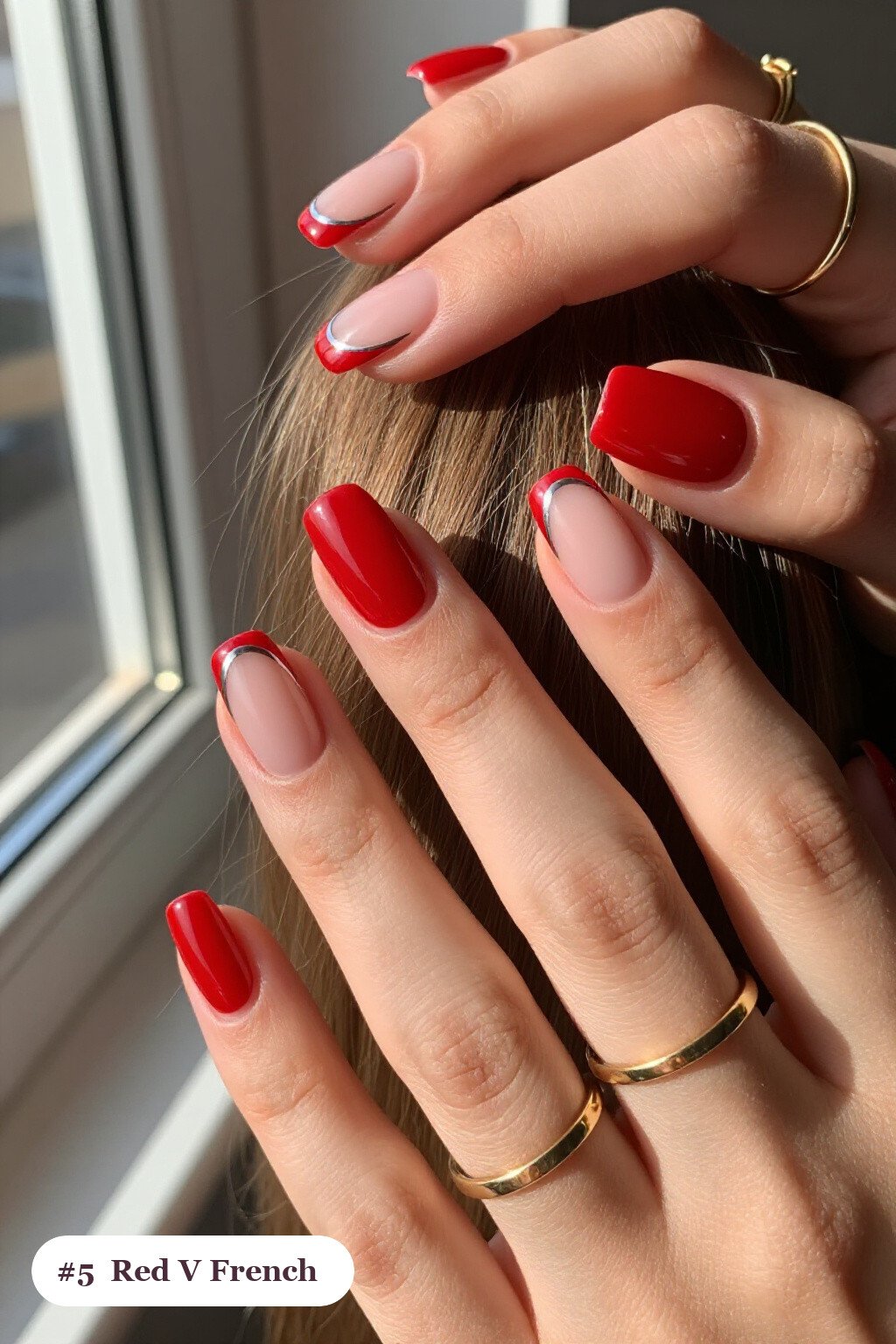 Bold V‑French Short Square Red Nails with Silver Chrome Accents - red nails christmas Bold V‑French Short Square Red Nails with Silver Chrome Accents - red nails christmas