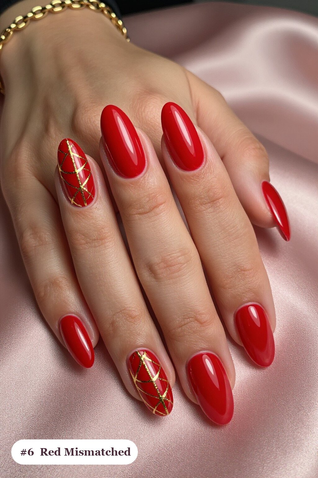 Mismatched Medium Almond Red Nails in Gold Details: Best Shades for Every Season - red nails christmas Mismatched Medium Almond Red Nails in Gold Details: Best Shades for Every Season - red nails christmas