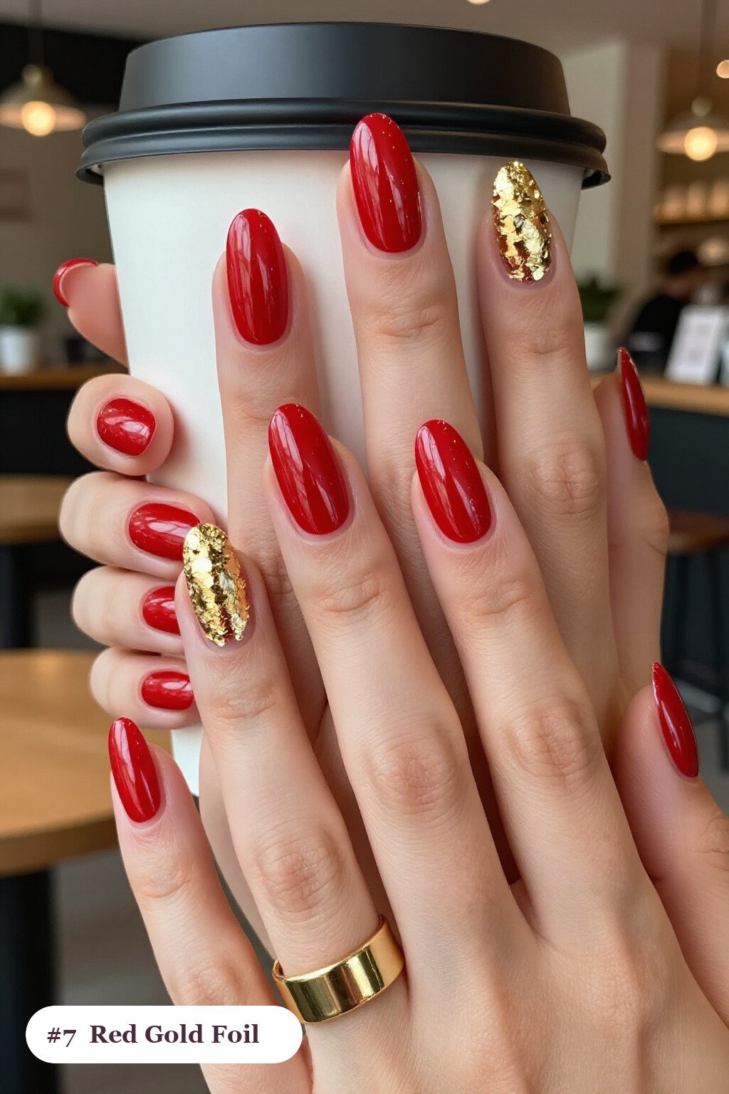 Gold‑Foil Dense Medium Coffin Red Nails with Sparkling Leaf - red nails christmas Gold‑Foil Dense Medium Coffin Red Nails with Sparkling Leaf - red nails christmas