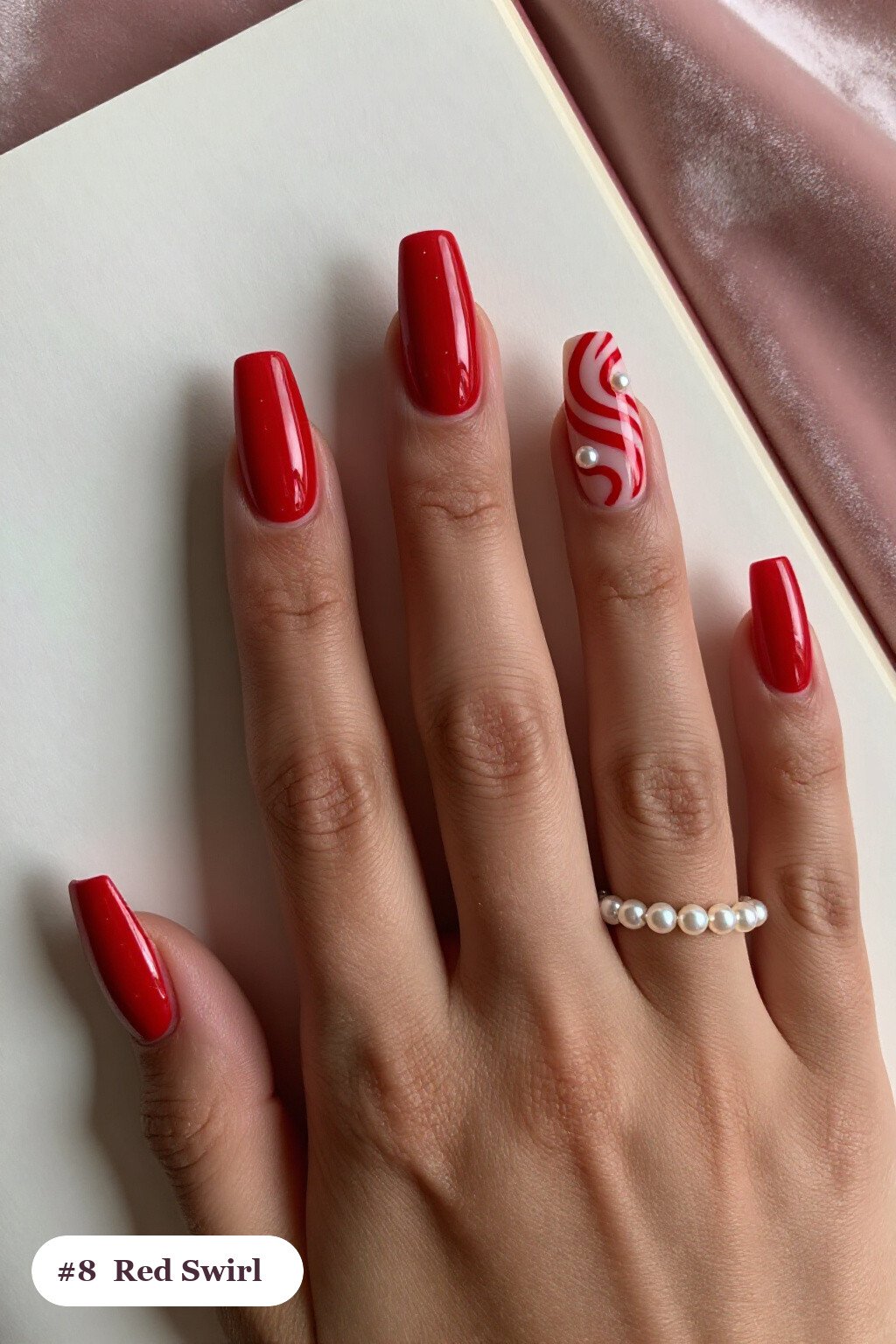 Hand‑Painted Swirl Long Square Red Nails with Pearl Details - red nails christmas Hand‑Painted Swirl Long Square Red Nails with Pearl Details - red nails christmas