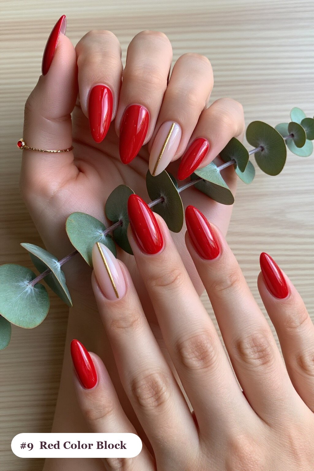 Diagonal Colour‑Block Long Stiletto Red Nails Split by Thin Gold Line - red nails christmas Diagonal Colour‑Block Long Stiletto Red Nails Split by Thin Gold Line - red nails christmas