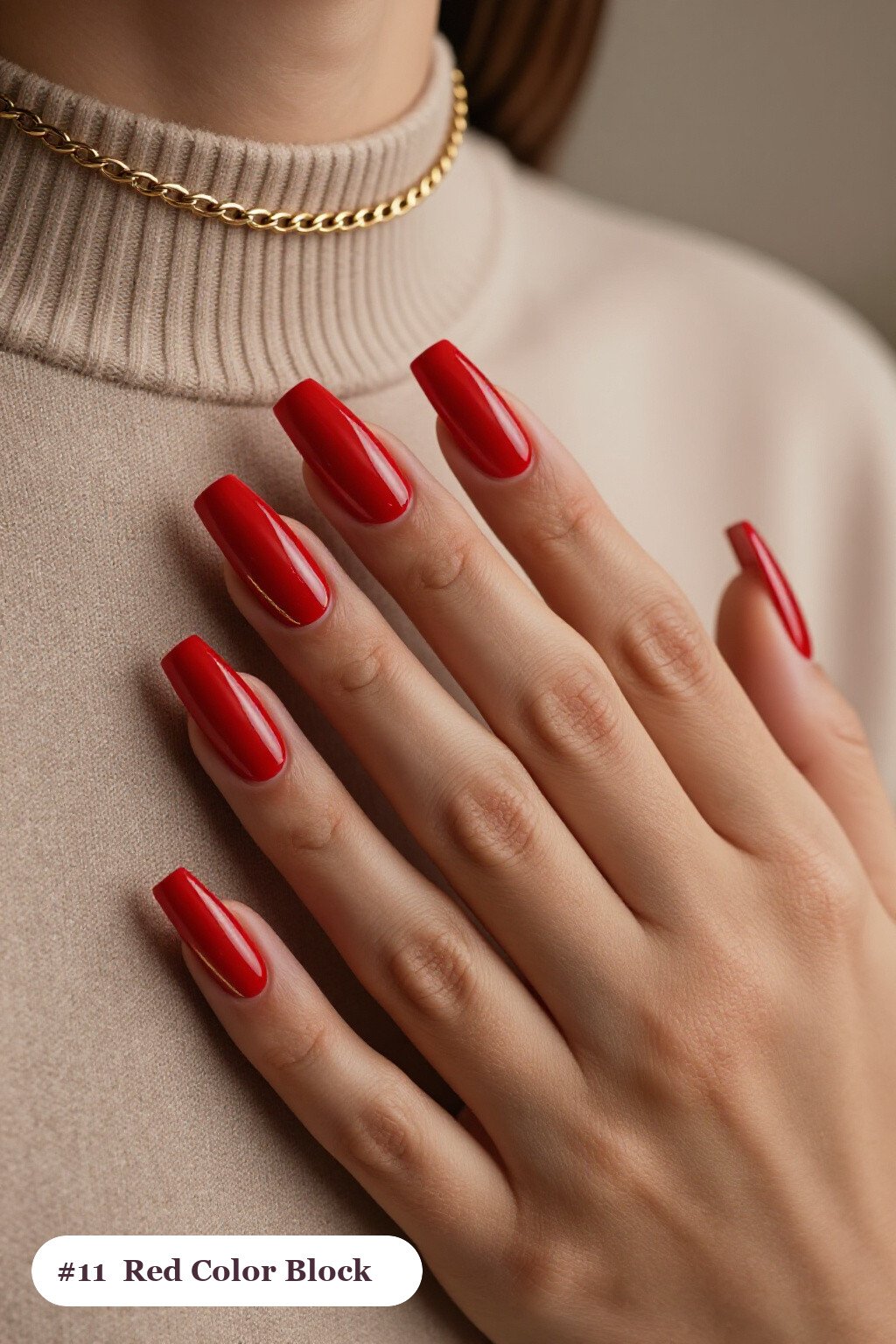 Long Square Red Nails in a Diagonal Colour‑Block Split with Thin Gold Line - red nails design