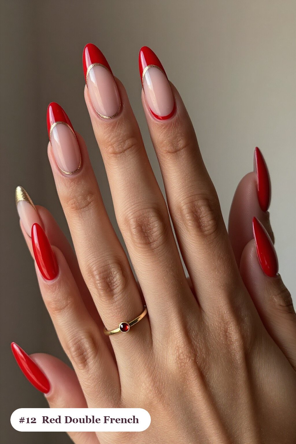 Coffin Long Red Nails with Double‑Line French Tips in Two Colours - red nails design