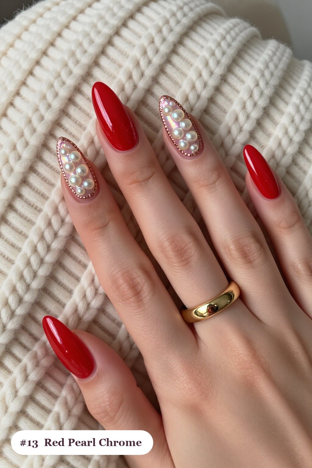 Long Almond Red Nails with Glazed Pearl Chrome Sheen: How to Make It Last Longer - red nails design