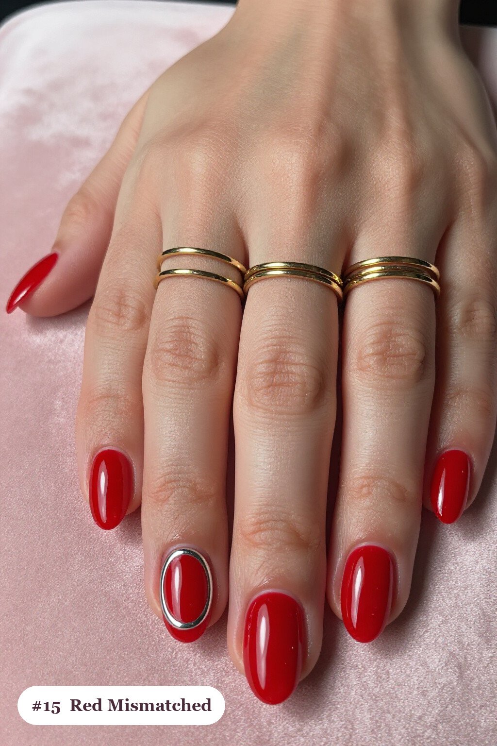 Oval Medium Red Nails Mismatched with Different Patterns in One Colour Story - red nails design