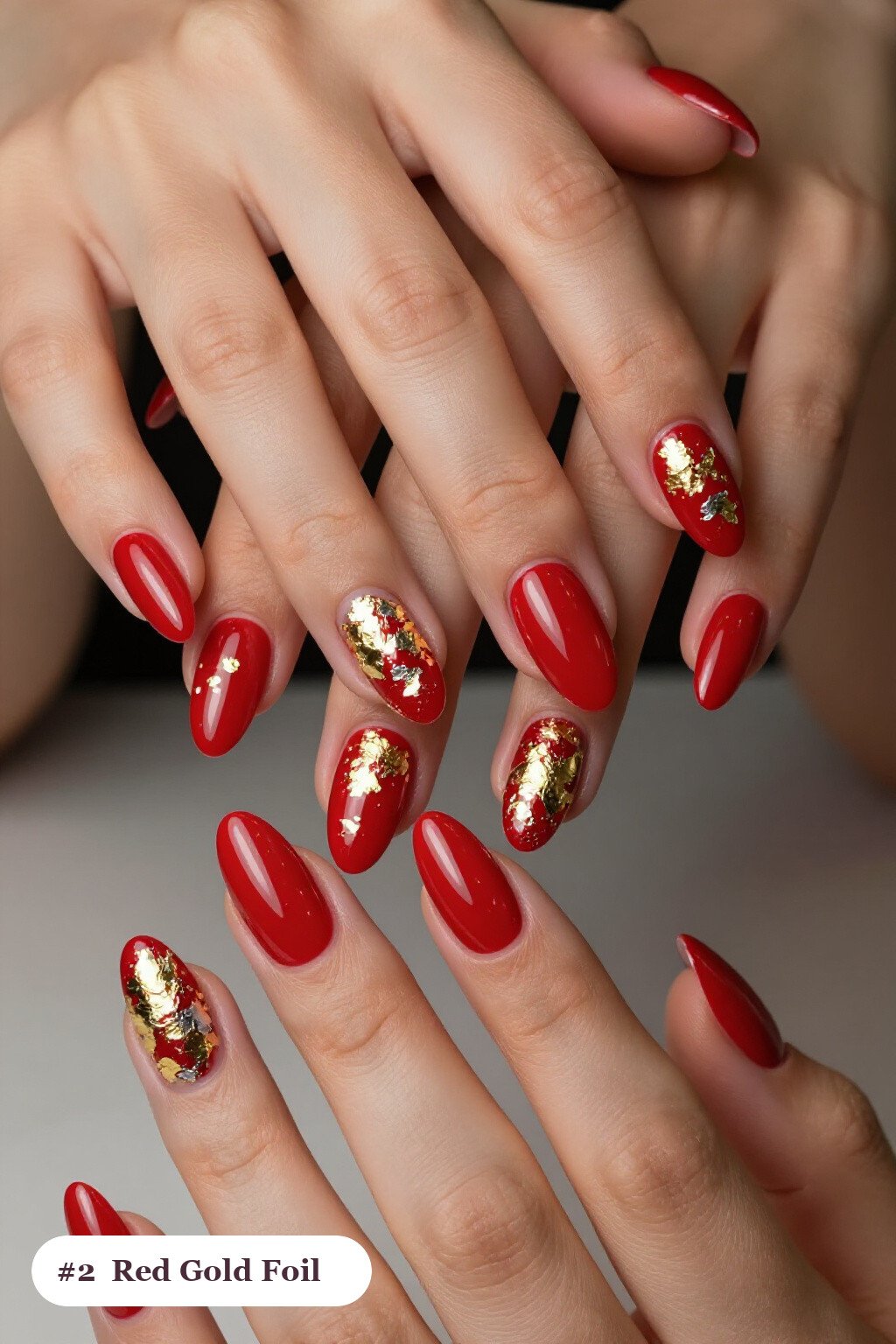 Coffin Red Nails Covered in Gold Foil Flakes and Silver Details - red nails design