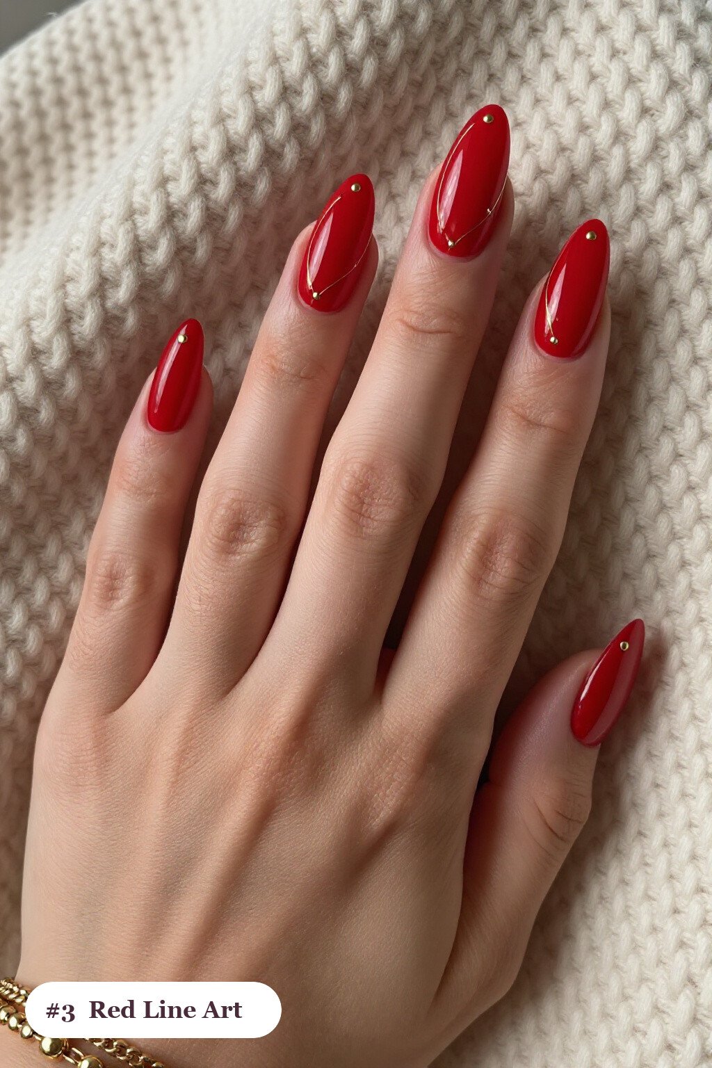 Almond Red Nails with Fine Gold Line Art and Tiny Dots - red nails design