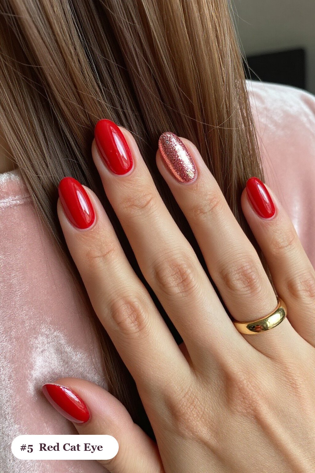 Oval Medium Red Nails with a Gem‑Like Shimmer Band and Rose Gold Accents - red nails design