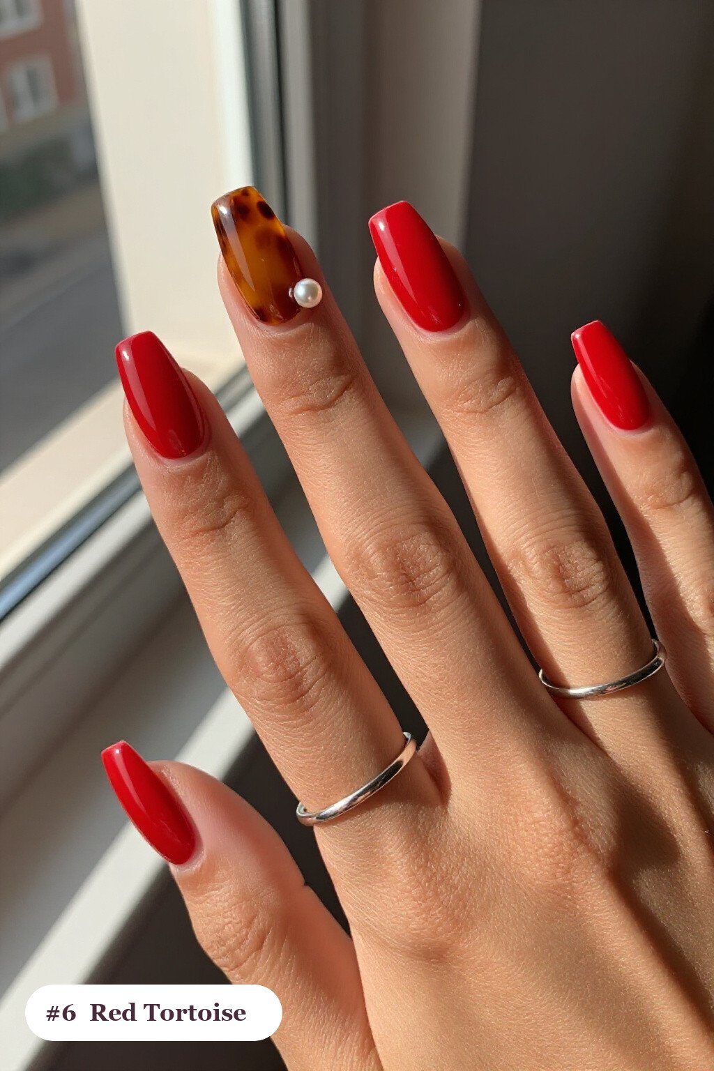 Medium Square Red Nails with Amber Tortoiseshell Accents: Best Shades for Every Season - red nails design