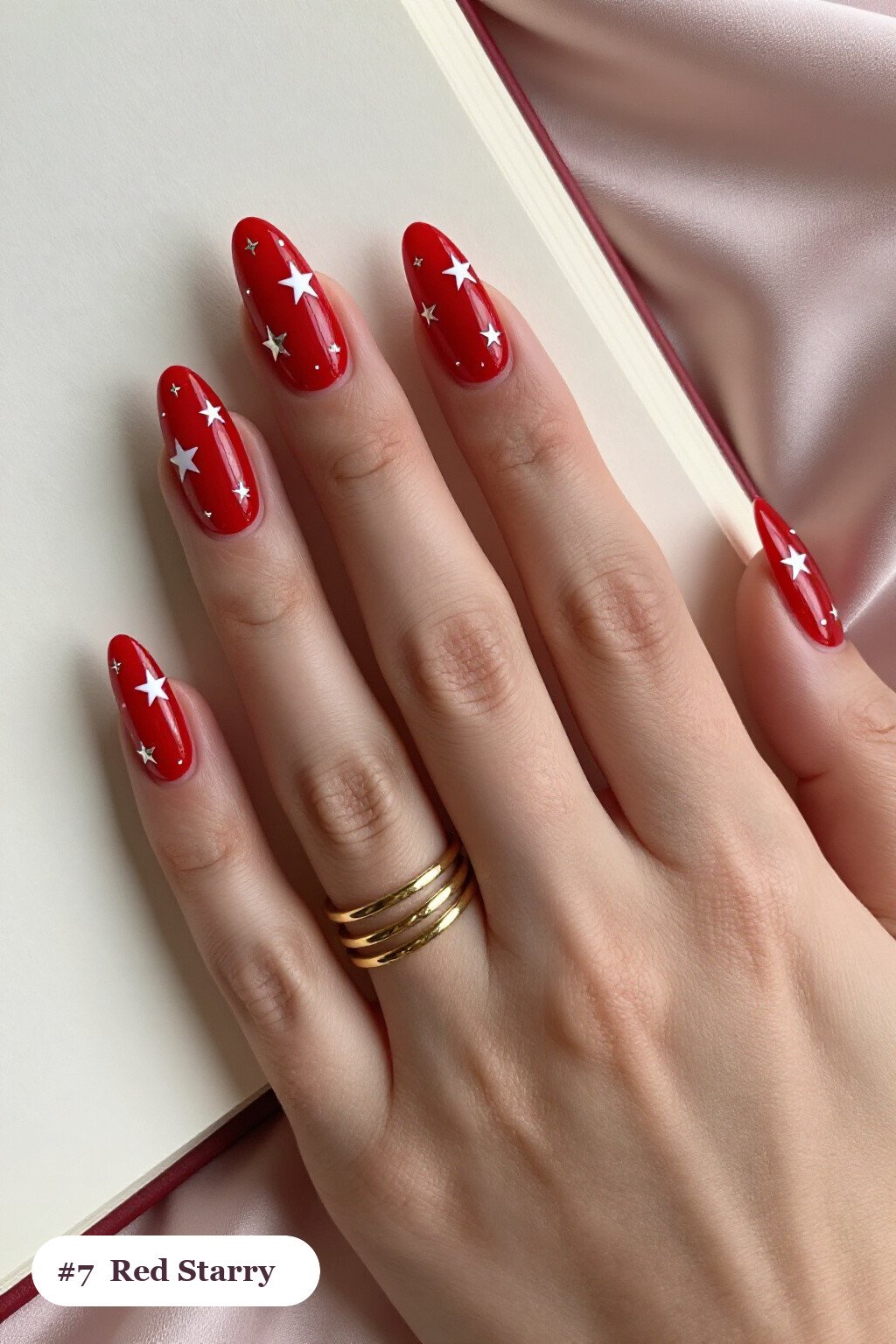 Long Ballerina Red Nails Decorated with White and Gold Stars, Silver Chrome Highlights - red nails design