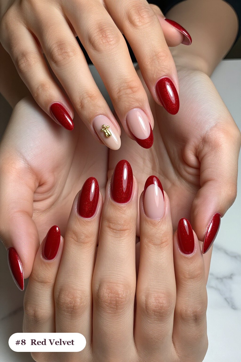 Almond Medium Red Nails in Velvet Shimmer with a Gold Charm Accent - red nails design