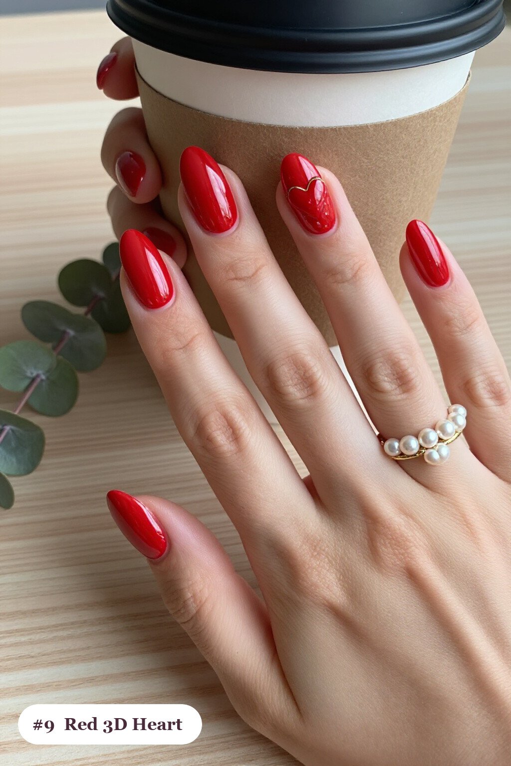 Coffin Medium Red Nails Adorned with Chunky 3D Gel Hearts and Pearls - red nails design