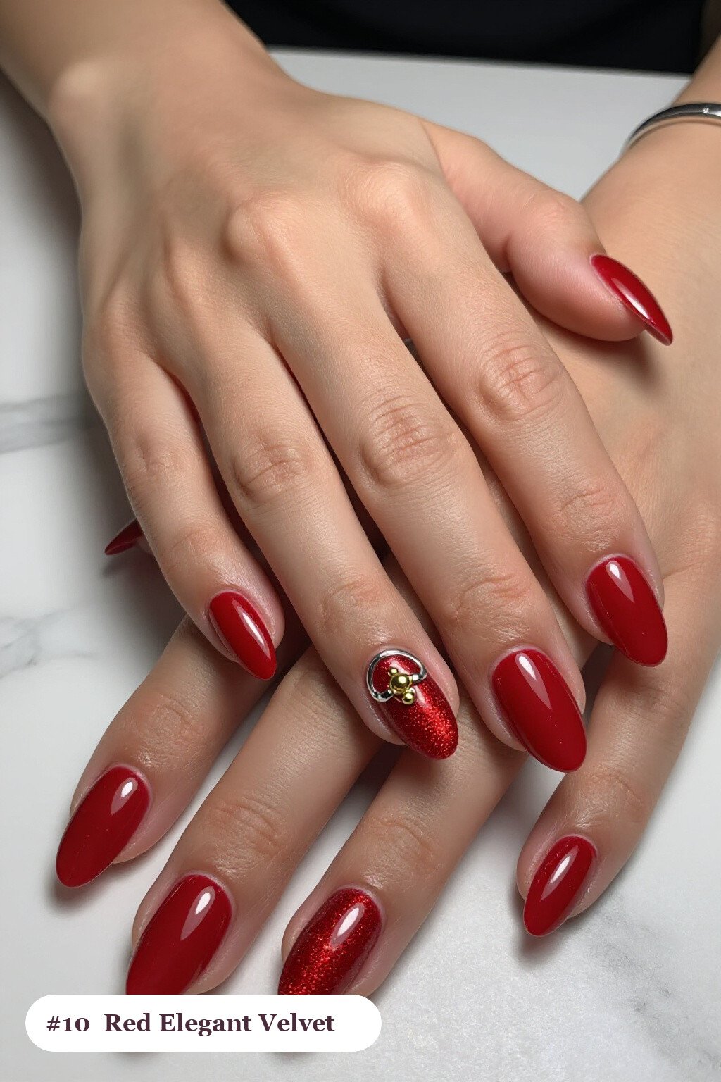 Velvet Shimmer Medium Coffin Red Nails with Gold Charm: Best Shades for Every Season - red nails elegant