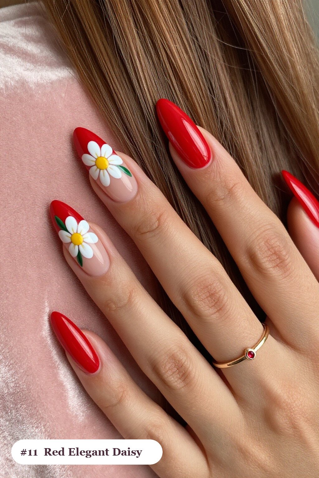 Hand‑Painted Daisies on Long Almond Red Nails - red nails elegant