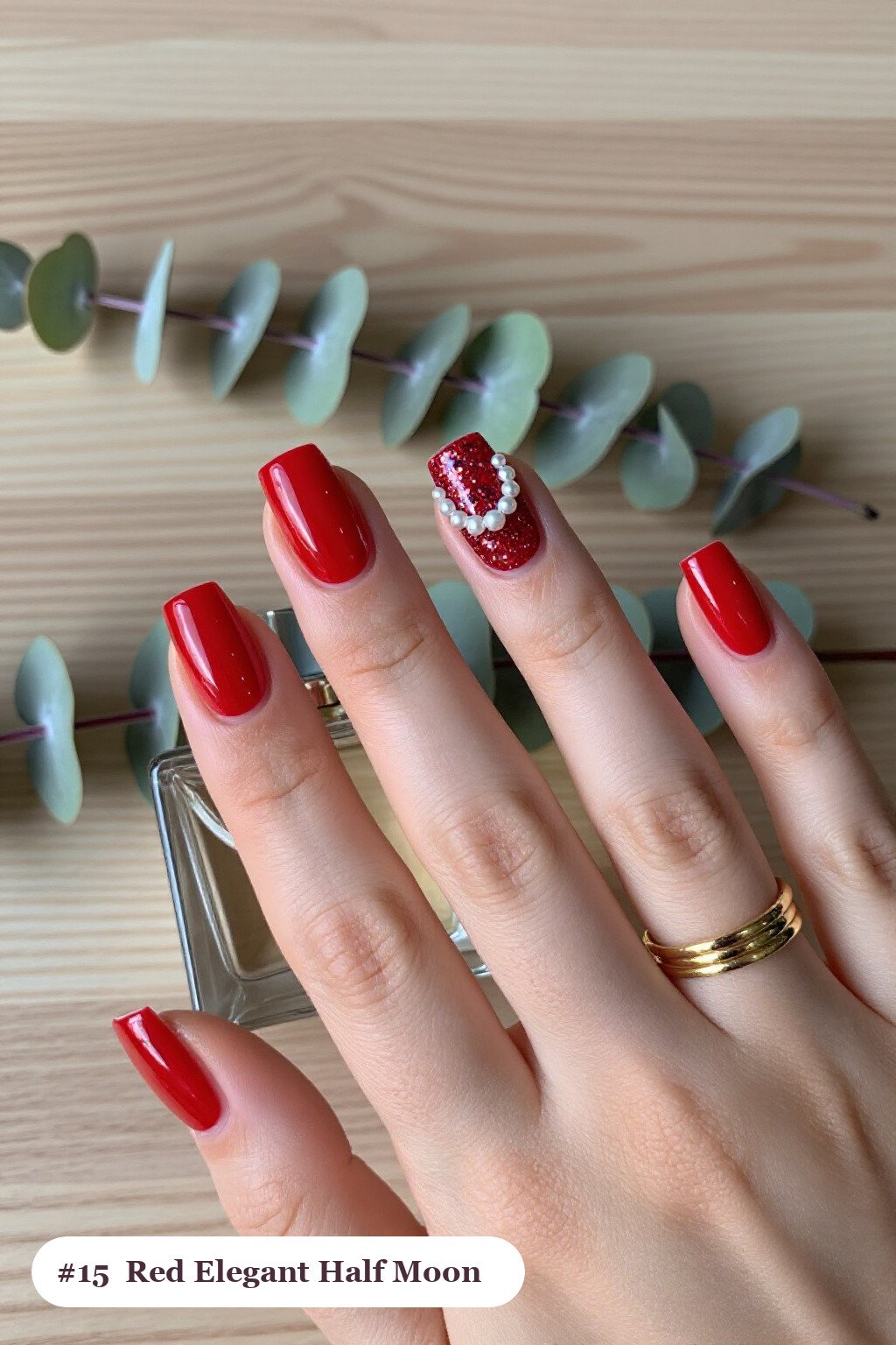 Half‑Moon Glitter Crescent on Short Square Red Nails: On Short Nails - red nails elegant