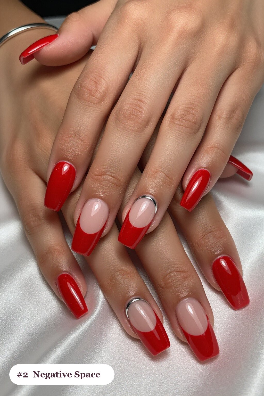 Red Nails Elegant: Negative‑Space Square with Silver Chrome - red nails elegant