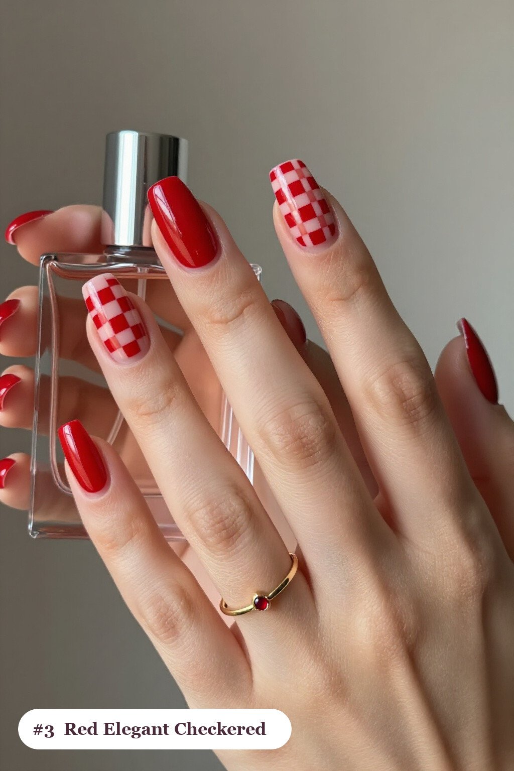 Red Nails Elegant: Checkerboard Square Accent - red nails elegant