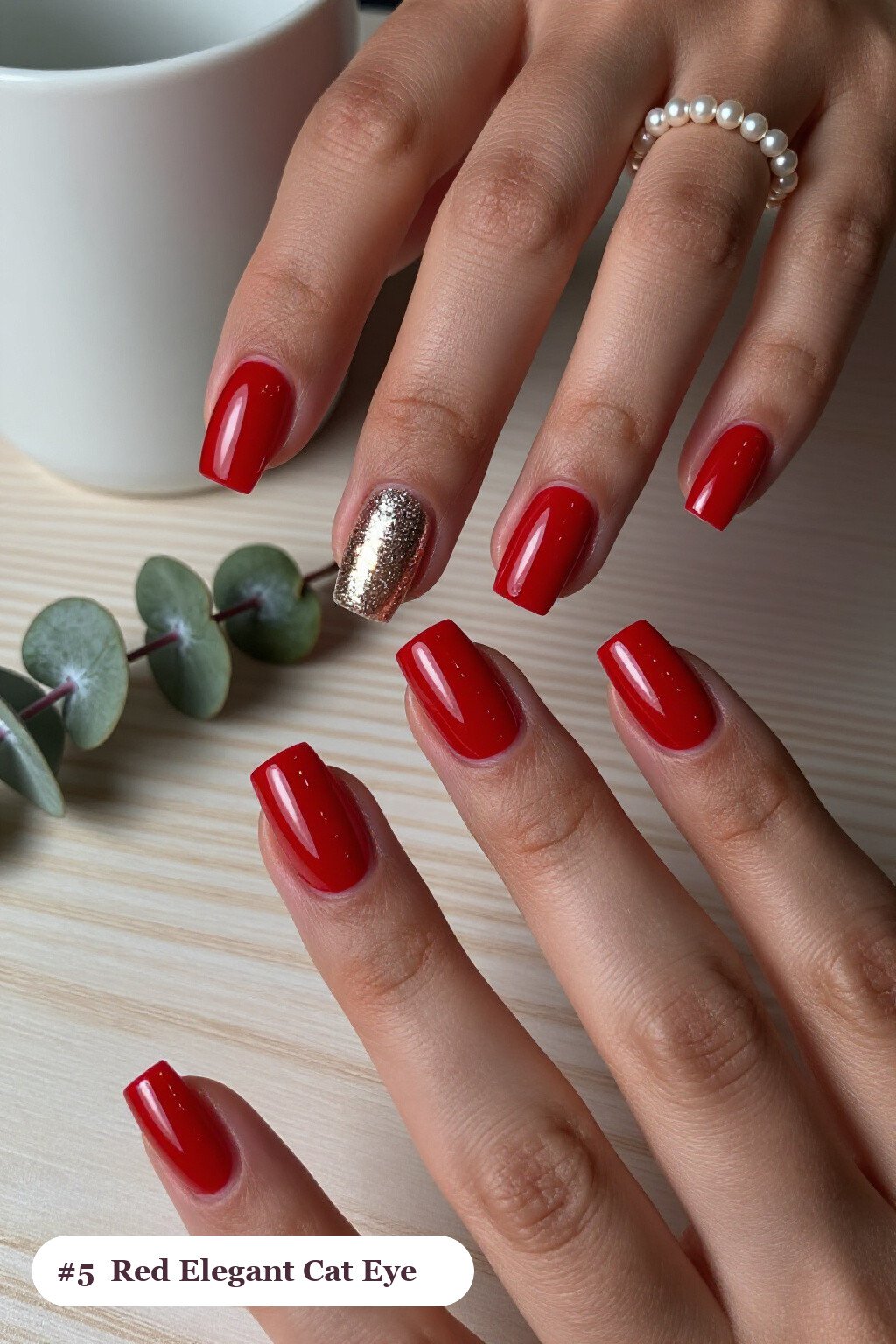 Gemstone‑Glow Shimmer Band on Short Square Nails - red nails elegant