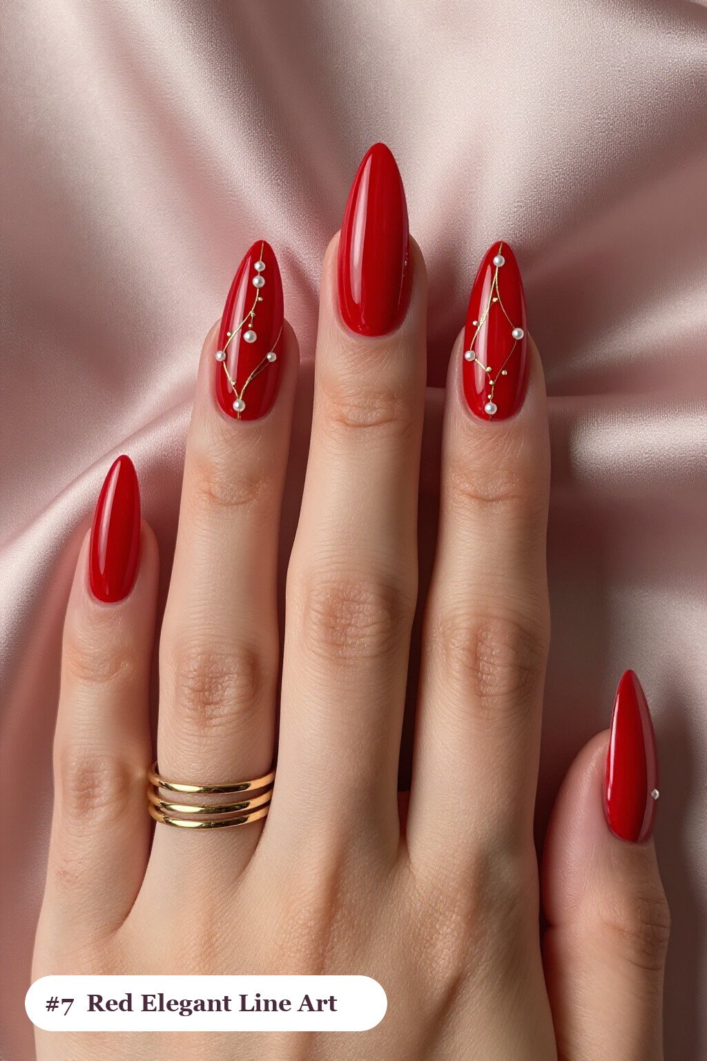 Fine Gold Line Art on Long Stiletto Red Nails - red nails elegant