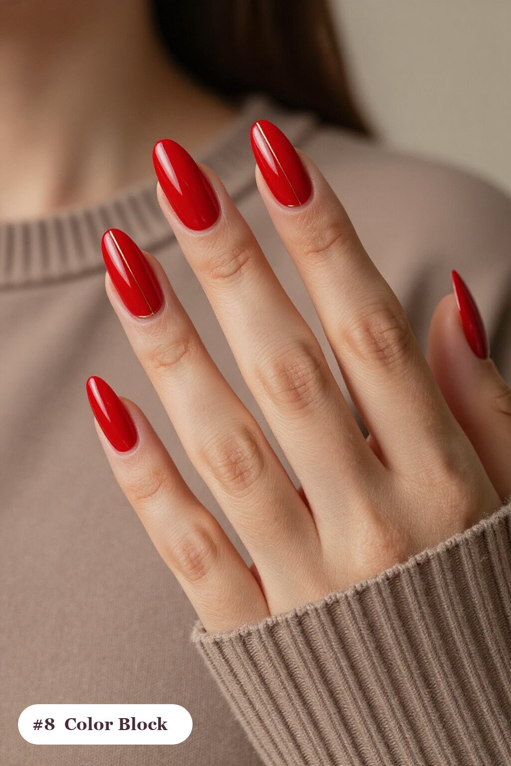 Diagonal Gold‑Line Colour‑Block on Long Coffin Red Nails - red nails elegant