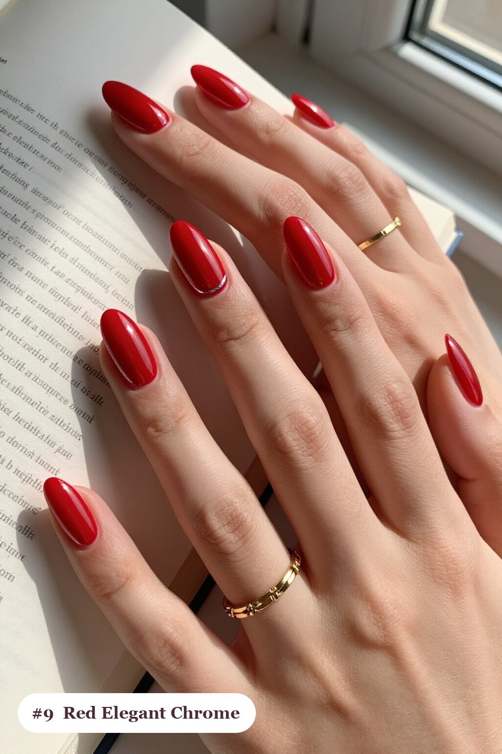 Liquid Chrome Mirror Finish on Medium Almond Red Nails - red nails elegant