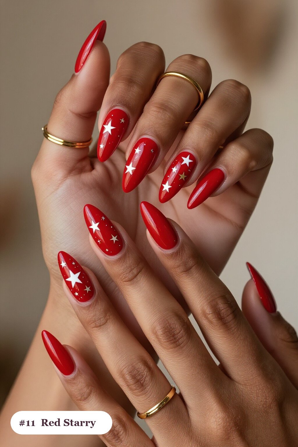 White & Gold Star Sparkle Stiletto Red Nails with Silver Details - red nails fall