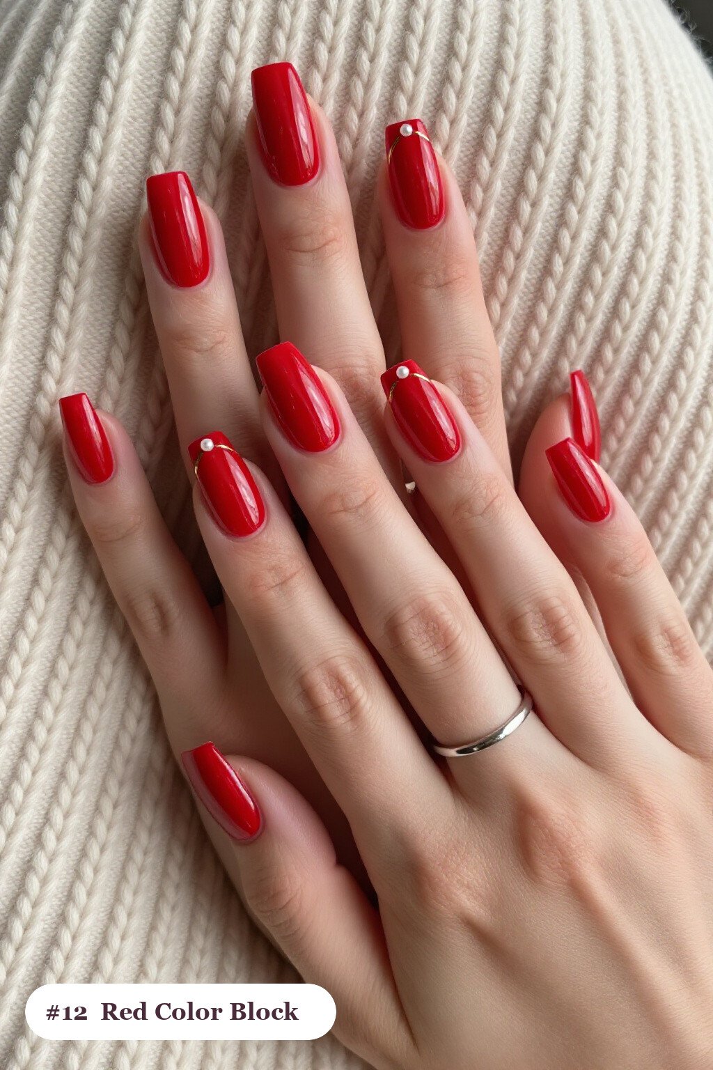 Diagonal Colour‑Block Square Red Nails with Thin Gold Line - red nails fall