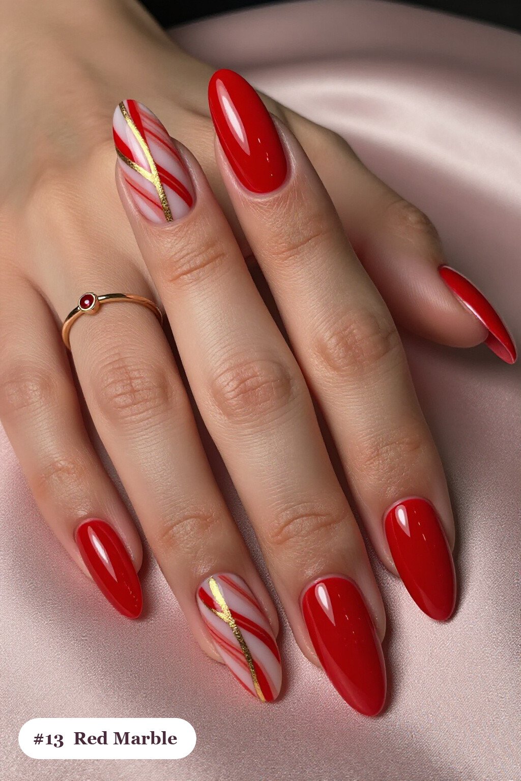 Marble Vein Coffin Red Nails in White & Gold with Rose Gold - red nails fall
