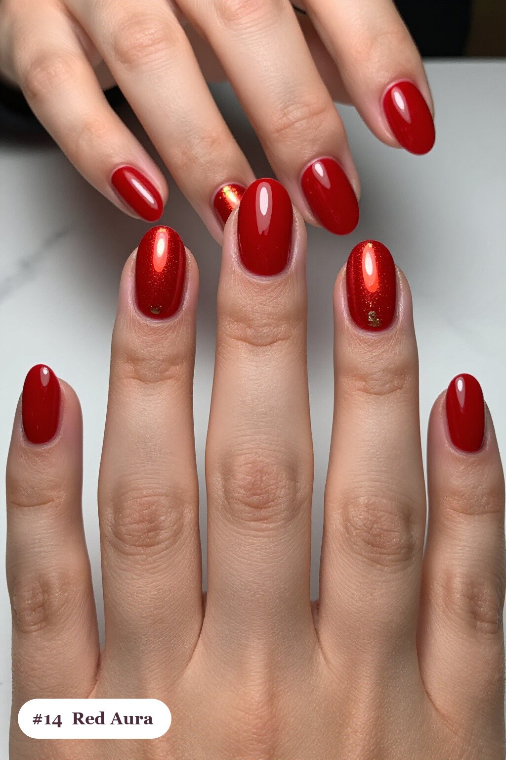 Glowing Airbrushed Aura Oval Red Nails with Gold Details - red nails fall