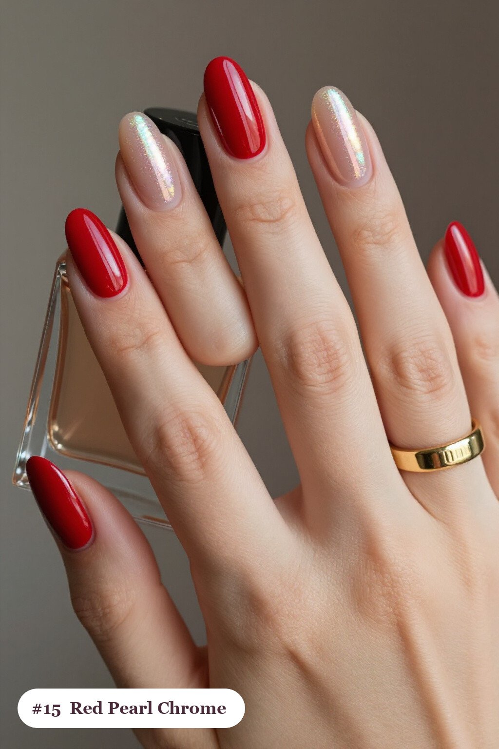 Glazed Pearl Chrome Coffin Red Nails with Soft Nude Details: On Short Nails - red nails fall