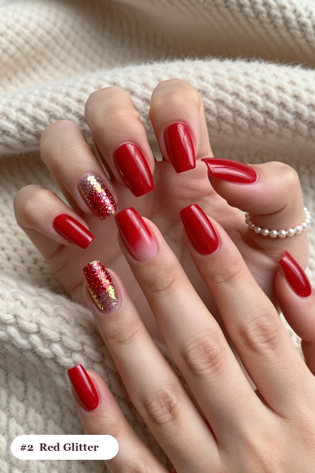 Sparkling Glitter Gradient Square Red Nails with Gold Accents - red nails fall