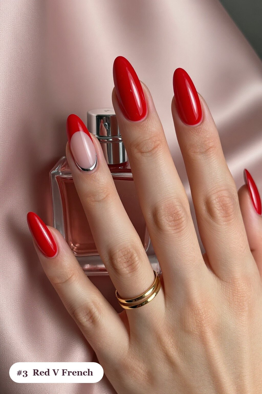 V‑Shaped French Tip Coffin Red Nails with Silver Details - red nails fall