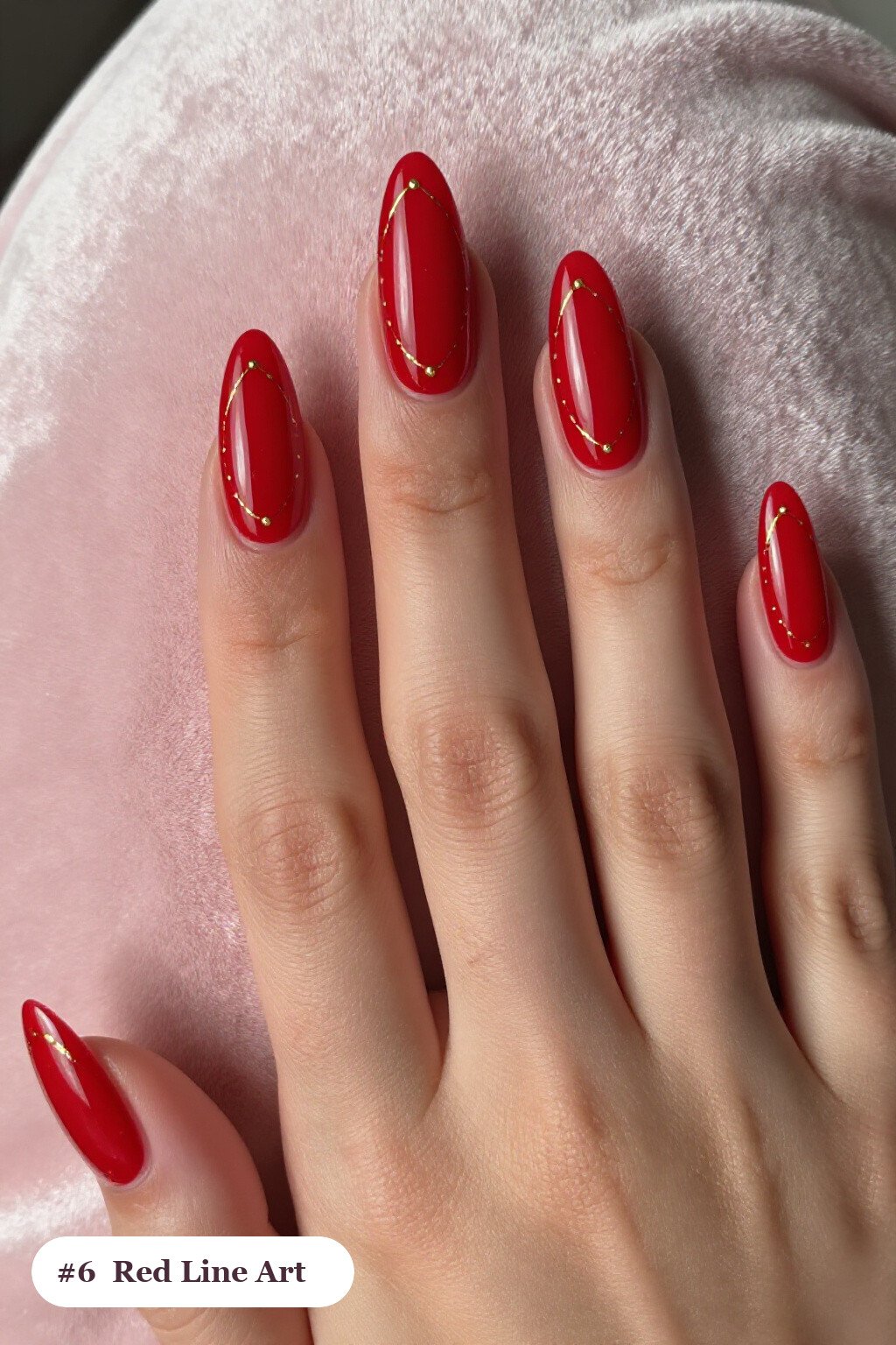 Fine Gold Line Art Almond Red Nails with Tiny Dots - red nails fall