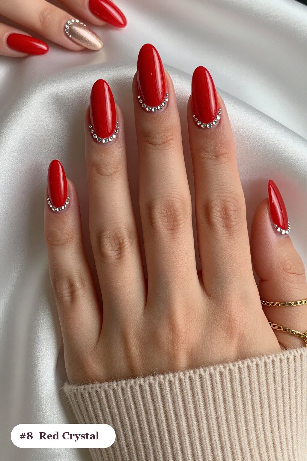 Crystal Rhinestone Ballerina Red Nails with Champagne Details - red nails fall