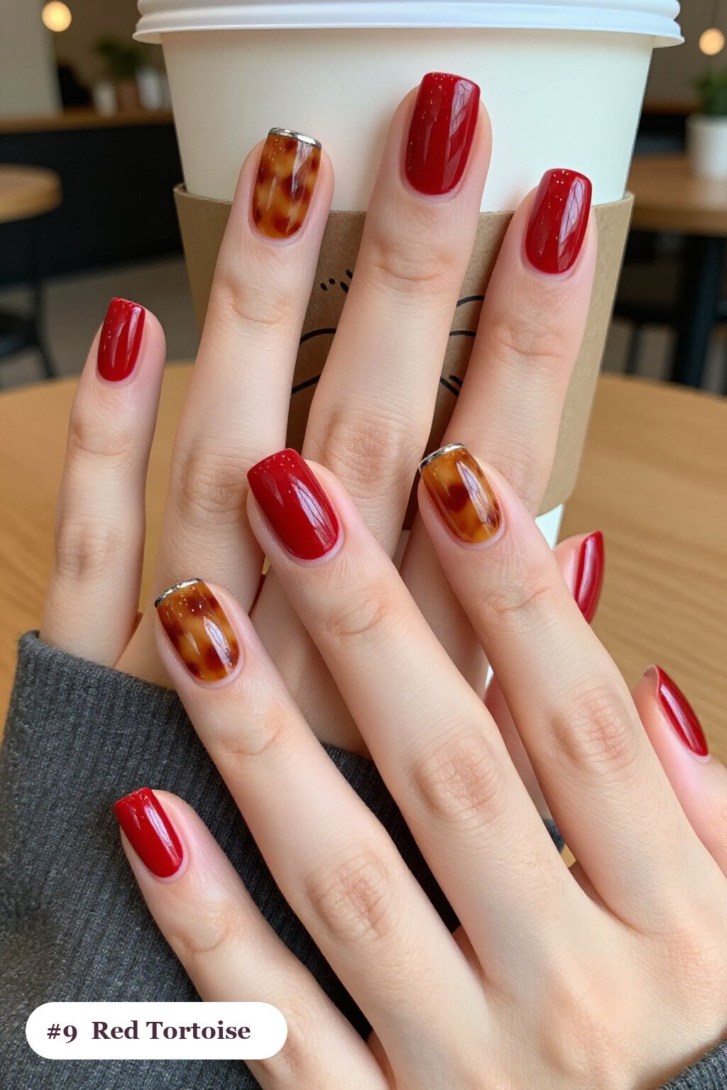 Amber Tortoiseshell Accent Short Square Red Nails with Silver Chrome - red nails fall