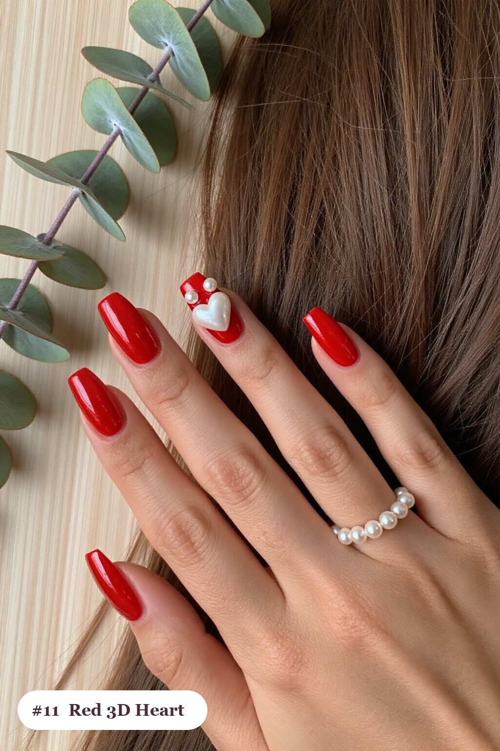 3D Gel Heart Trio on Medium Square Red Nails - red nails halloween