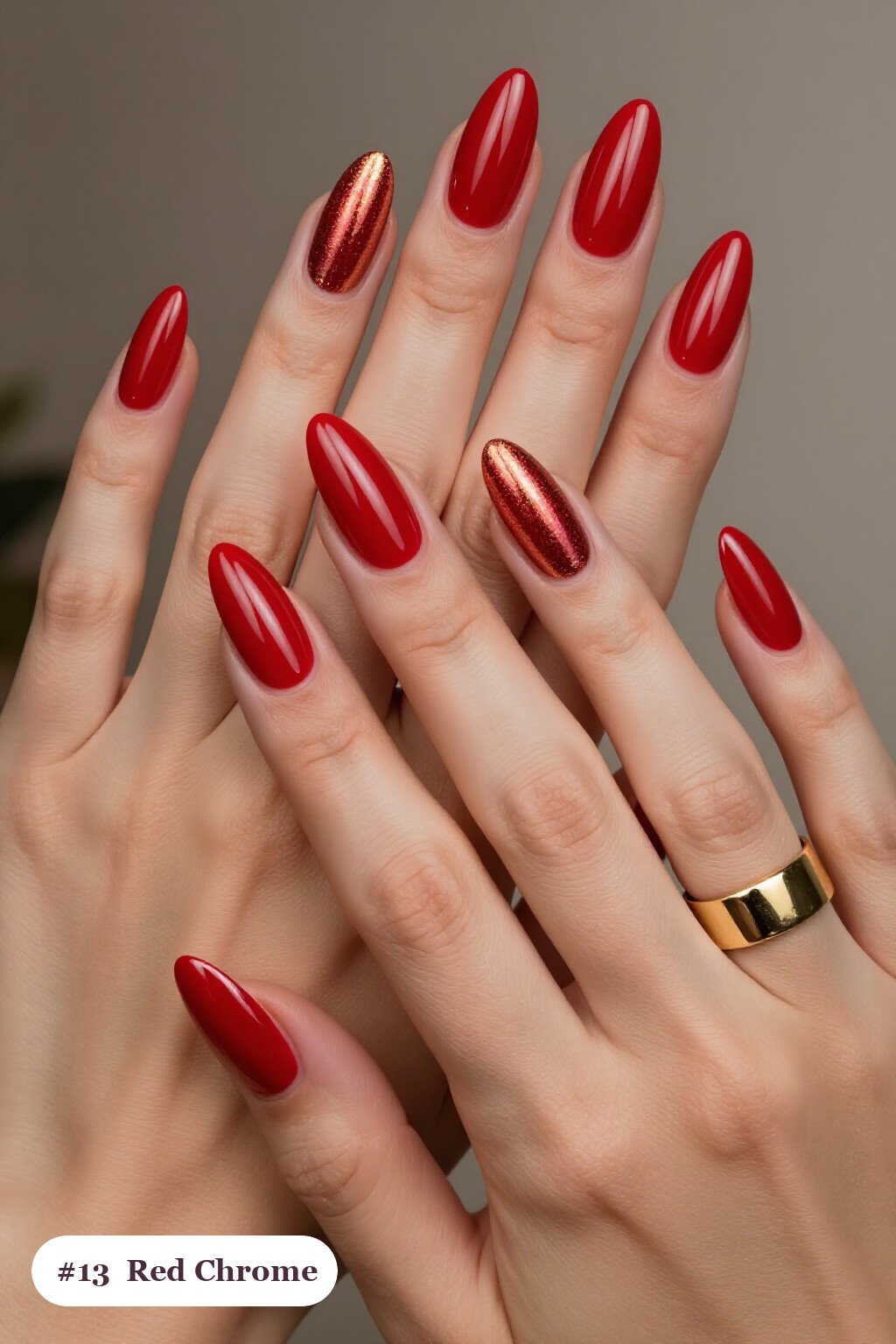 Red Nails Halloween: Liquid Chrome Long Almond with Metallic Highlights - red nails halloween